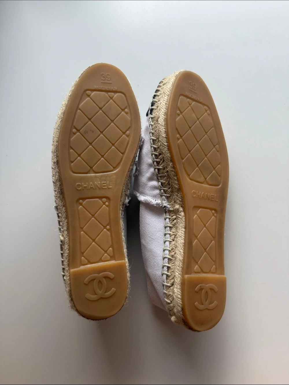 CHANEL White Canvas Espadrilles with Black Toe Cap